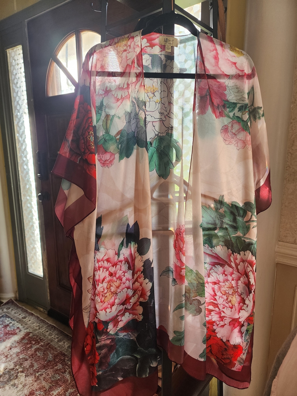 Classic Silk Blend Peony‎ Floral Kimono Cover-Up in Pink, Green White JC Sunny